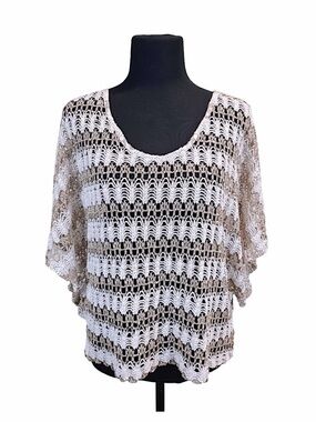 Dots Crochet Knit Top Beige White Boho Beach Cover Up Size XL Coastal Grandma